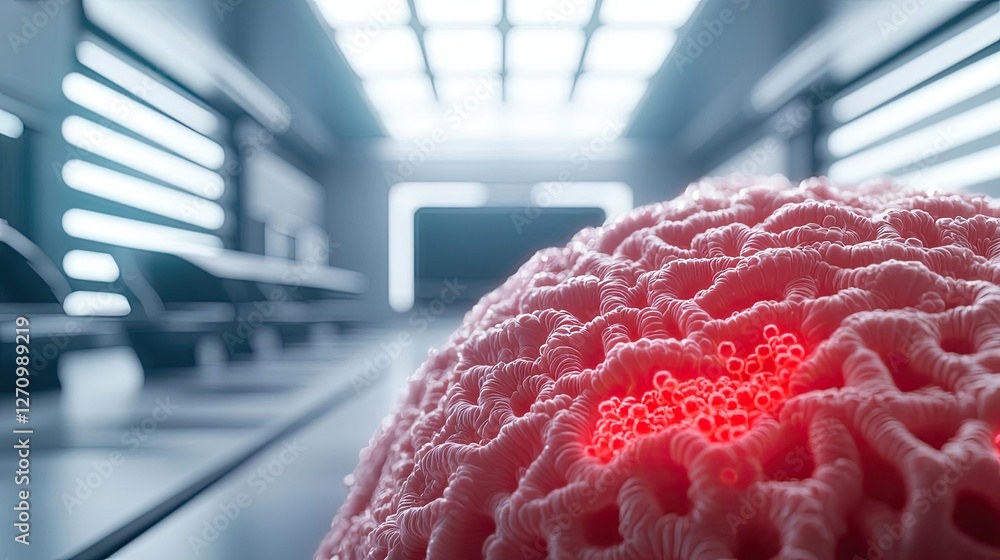 Poster plastic pollution concept. a close-up of a red glowing brain model in a futuristic laboratory enviro