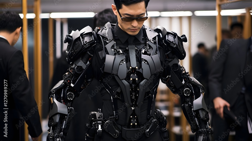 Poster futuristic and advanced robotic exoskeleton suit constructed with carbon fiber composite materials o