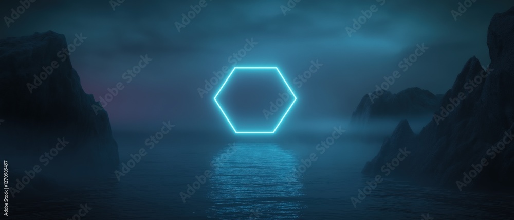 Poster digital illustration of a dark and mysterious landscape with a large body of water in the foreground