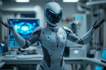 Advanced humanoid robot interacts in a high-tech laboratory setting showcasing cutting-edge technology
