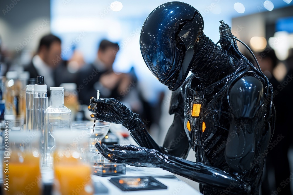 Aufkleber robot scientist conducting experiments with liquids in a laboratory setting at a technology exhibiti