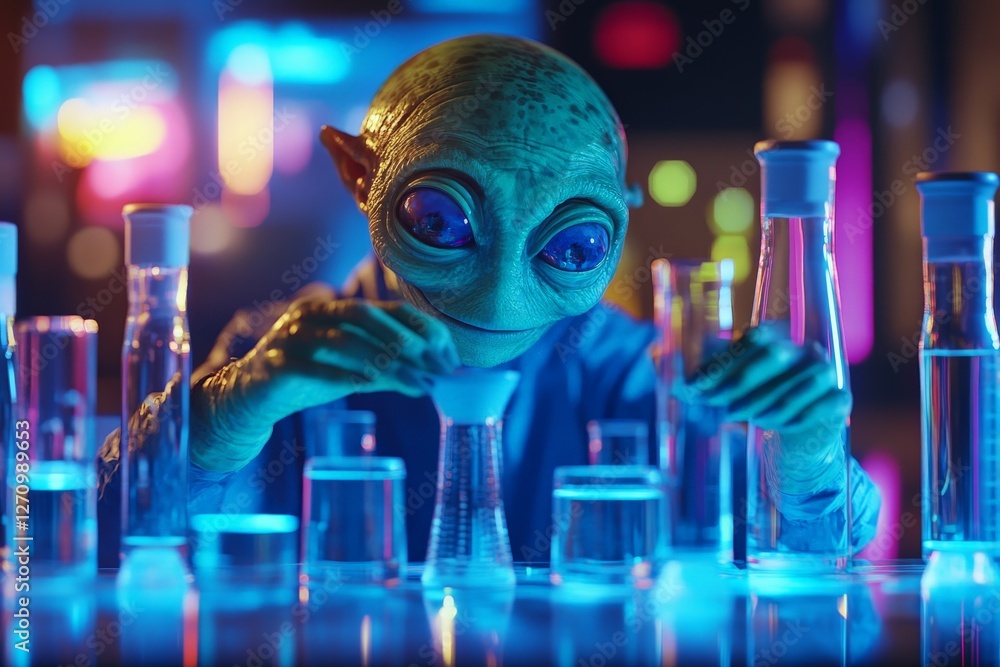 Poster alien scientist conducts experiments in a colorful laboratory during a futuristic setting