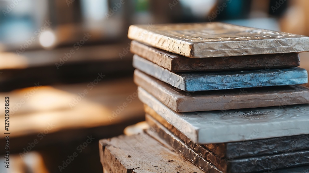 Aufkleber Artisan crafted wooden blocks stacked neatly on rustic table showcasing unique textures and colors : Generative AI