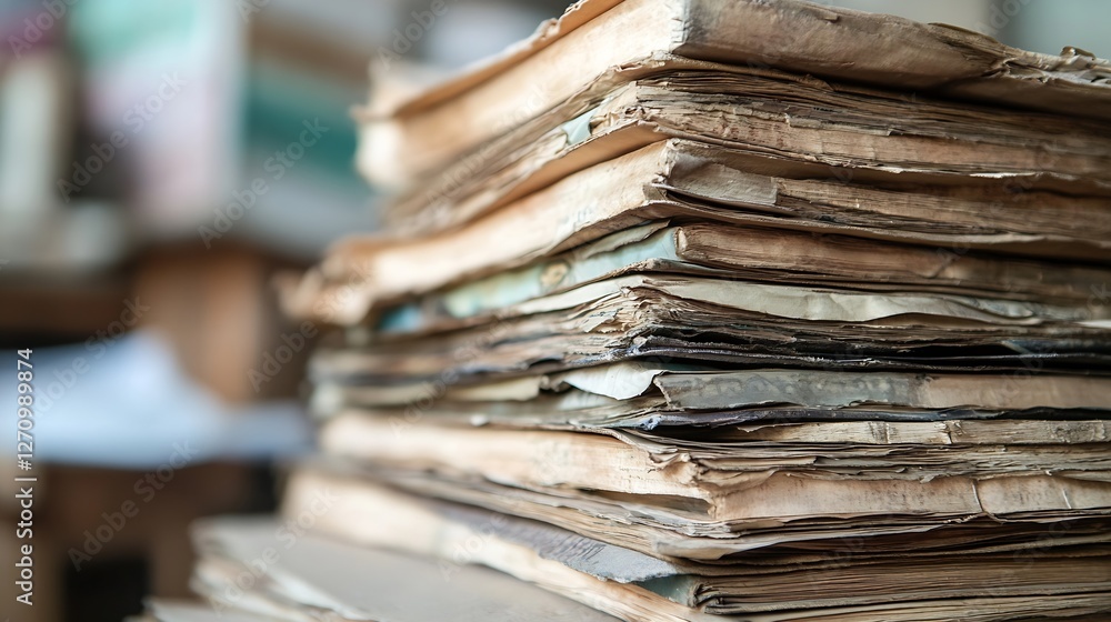 Poster Vintage stacked books with worn pages resting on a table highlighting history and nostalgia : Generative AI