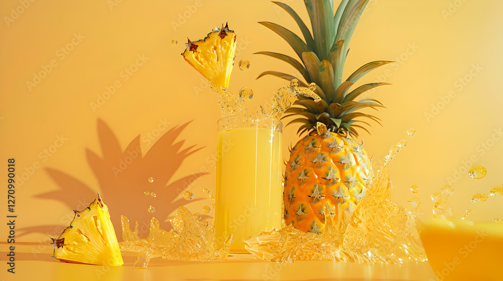 Poster vibrant pineapple with juice splashing against a bright yellow backdrop, creating a refreshing scene