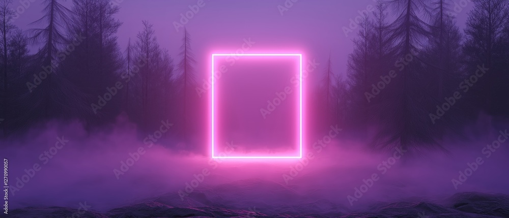 Poster digital art piece that appears to be a surreal landscape with a pink neon frame in the center. the f