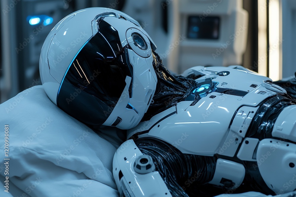 Poster advanced robotic figure resting on a sterile surface in a futuristic environment with soft lighting