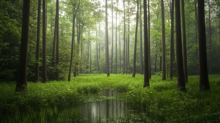 Fototapeta premium Misty forest with a small stream. Sunlight filtering through the trees. Use for nature photography