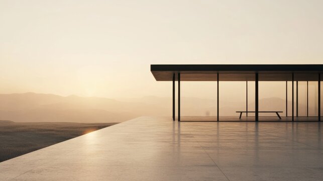 Modern Architecture, Exterior, Sunset View, Elevated Platform, Peaceful, Tranquil, Minimalist Structure