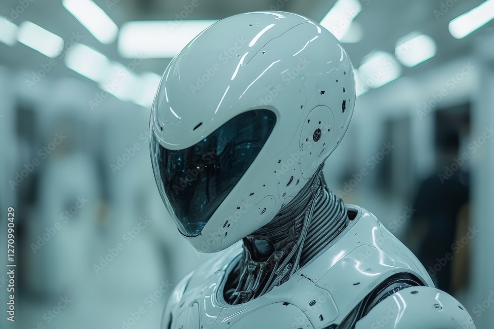 Poster futuristic humanoid robot in a high-tech laboratory setting with soft white lighting