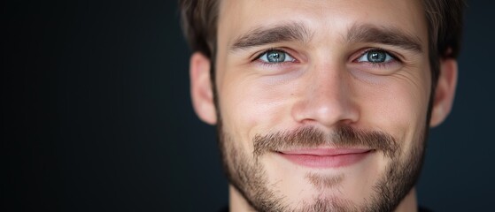 Obraz premium Close-up portrait of a young man's face. he has a slight smile on his lips and his eyes are looking directly at the camera. his hair is short and neatly combed back, and he has a goatee and mustache.