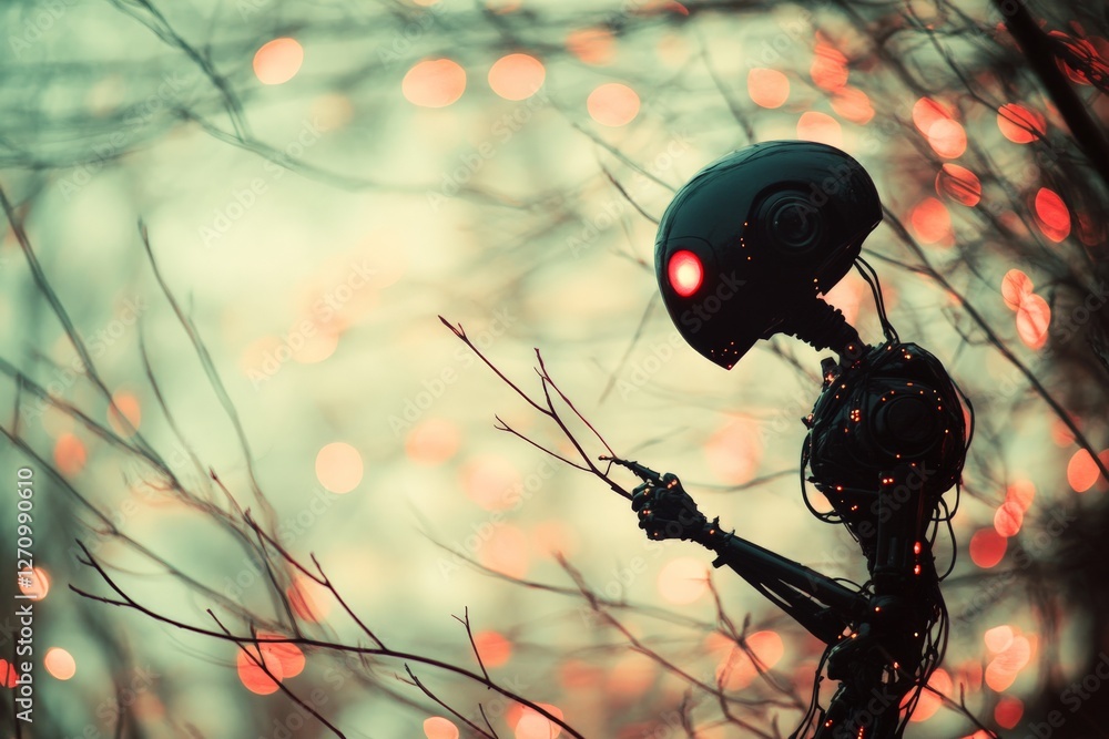 Poster robot holding branches in a surreal setting with glowing lights during twilight