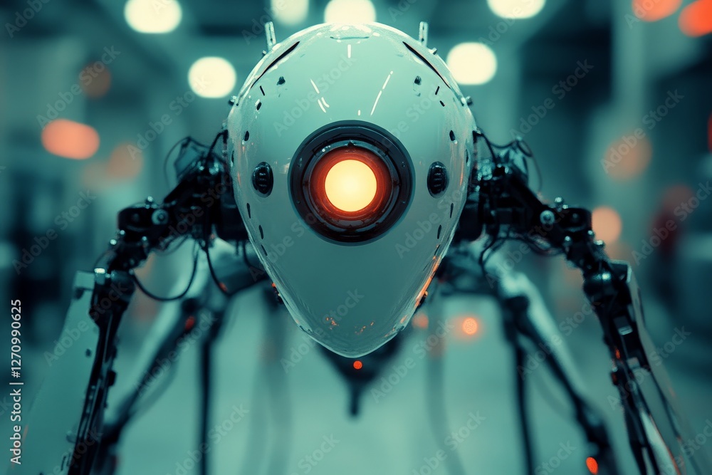 Poster robotic head with a glowing sensor in a modern technology environment