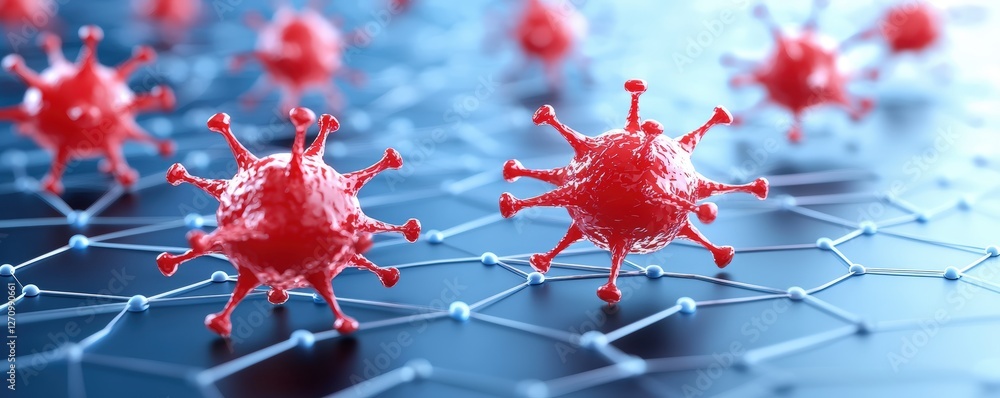 Poster a close-up view of red virus-like particles on a blue, molecular structure background, emphasizing t