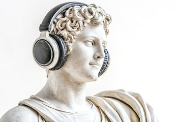 Obraz premium close-up roman antique male statue in large black headphones isolated on white background