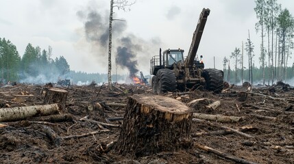 Fototapeta premium Ground-level view of logging operations deforestation and its impact on scenic forest environments