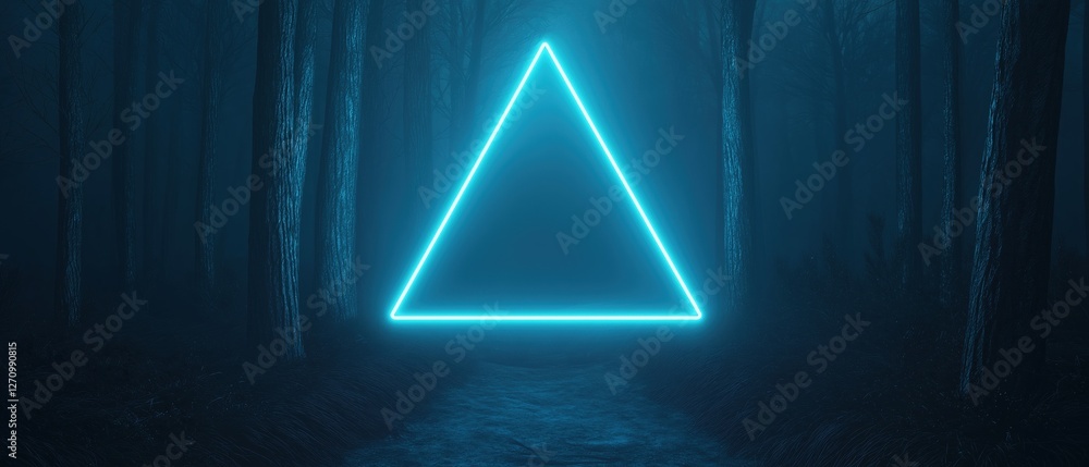 Poster dark and eerie scene of a forest with tall trees on either side. the trees are tall and slender, wit