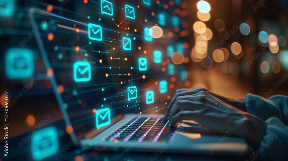 Poster hands are actively typing on a laptop in a dimly lit space filled with glowing email icons. the back