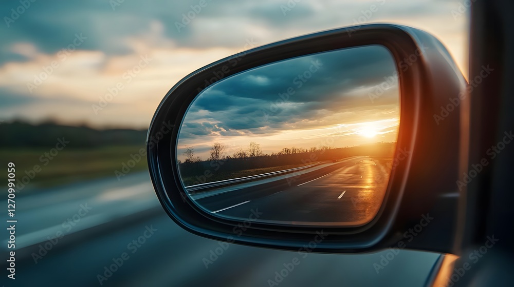 Poster sunset reflection in side mirror of a car on a scenic highway with dramatic clouds in background
