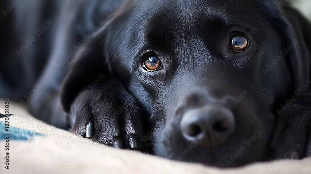 Poster close up of a relaxed black labrador gently resting its head with soulful eyes at home : generative 