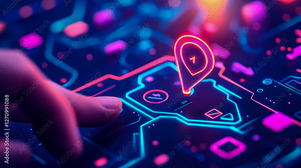 Poster digital navigation: glowing gps pointer on a neon circuit, location technology concept