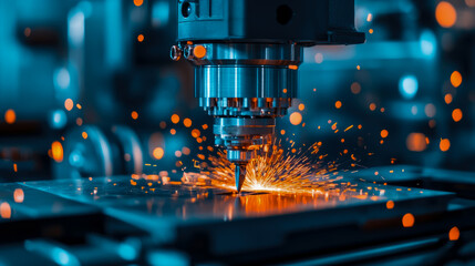 Fototapeta premium Precision Cutting: Automated Metalwork with Blazing Spark for Industrial Use