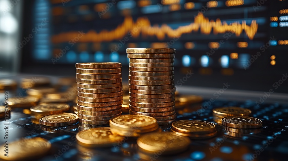 Poster stacks of gold coins in front of modern computing technology