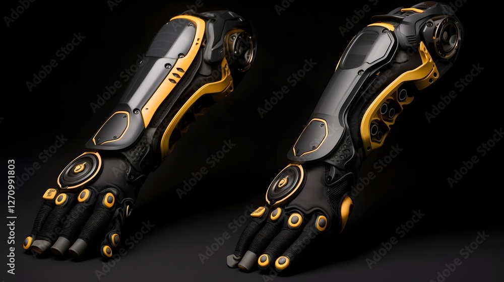 Poster futuristic factory scene depicting the assembly of carbon fiber based robotic limbs and prosthetics 