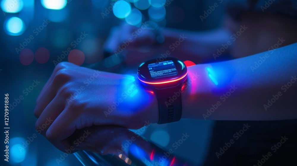 Aufkleber a hand wearing a glowing smartwatch highlights the device's features while surrounded by a colorful 