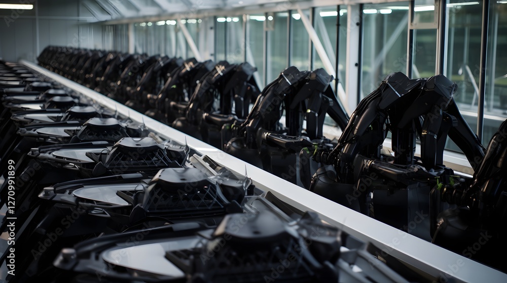 Poster a futuristic factory scene depicting the assembly of carbon fiber based robotic limbs and prosthetic