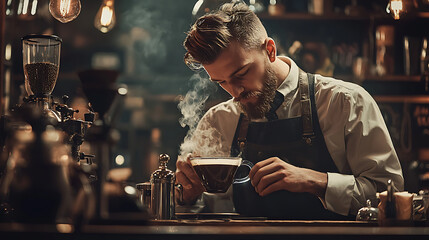 Naklejka premium A man in a white shirt and black apron is pouring coffee into a cup