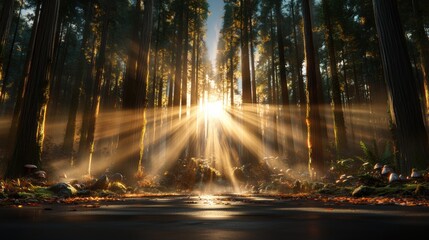 A mystical foggy forest at sunrise. Tall, ancient trees disappear into the thick mist, their trunks covered in moss and vines.