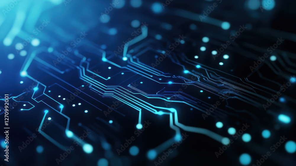 Poster abstract circuit board design with glowing blue energy pulses on dark background, creating futuristi