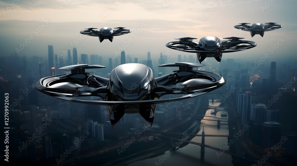 Aufkleber high tech carbon fiber drone swarm autonomously navigating over a futuristic metropolis with sleek c