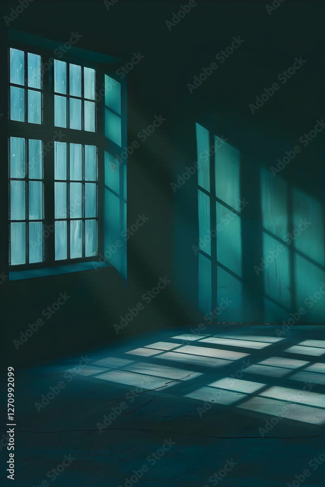 Poster sunlight streams through large windows, casting shadows on a dark, empty room with blue tones