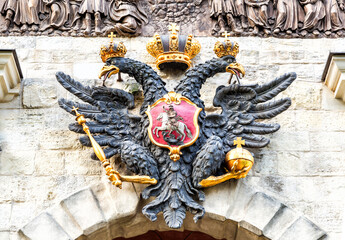 Russian coat of arms (double-headed eagle) on Petrovsky gate of the Peter and Paul Fortress in St....