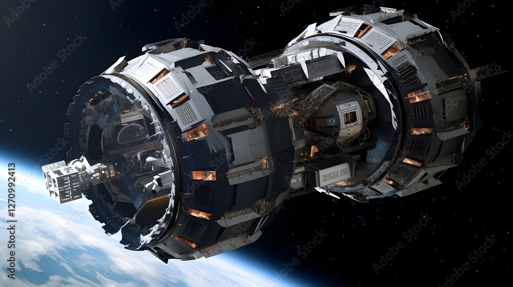 Poster futuristic carbon fiber built space station module floating in earth s orbit showcasing advanced aer