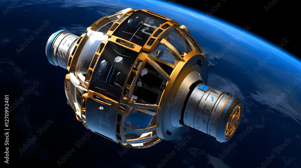 Poster sleek and futuristic carbon fiber space station module floating in orbit conceptual aerospace engine