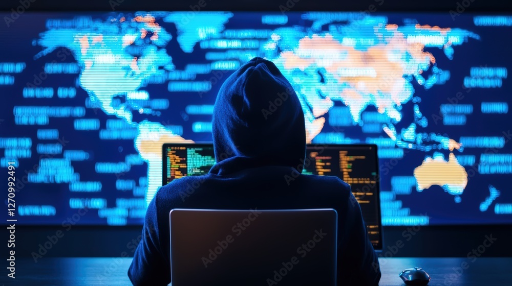 Poster a hooded figure sits at a computer, facing a digital world map with colorful data streams, suggestin