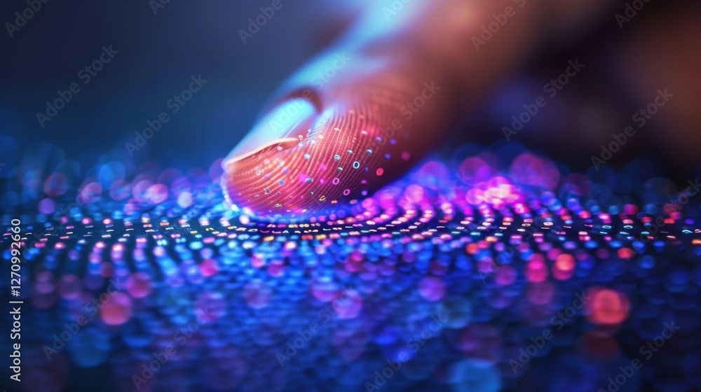 Aufkleber A finger gently touches a digital surface illuminated with colorful lights, creating an intricate pattern of dynamic, glowing dots. The scene showcases advanced technology.