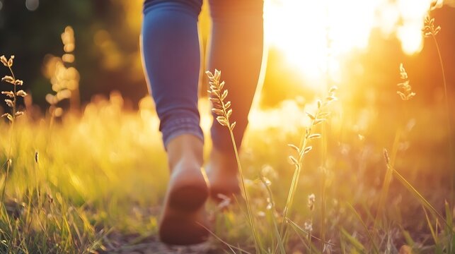 A person walking barefoot in a sunlit field during golden hour capturing a serene moment : Generative AI