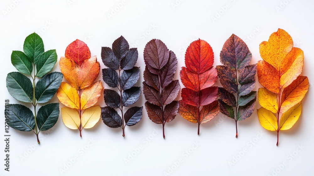 Poster Colorful Autumn Leaves Displayed in a Gradient Pattern on White Background