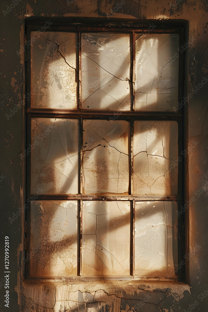 Aufkleber sunlight streaming through a cracked window in an abandoned building, creating shadows