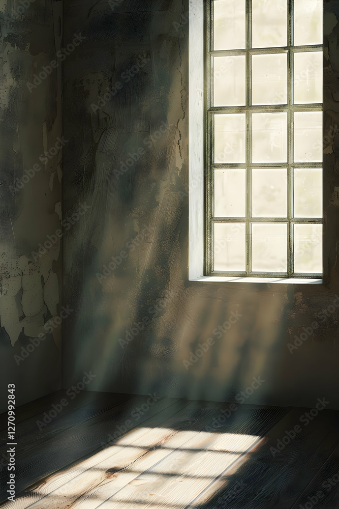 Poster sunlight streaming through a dusty window in an abandoned room, creating a serene atmosphere (1)
