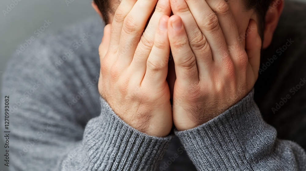 Poster distressed man covering his face with hands expressing feelings of sadness and burden : generative a