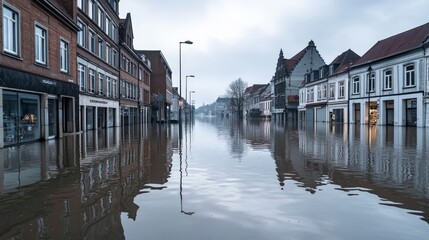Fototapeta premium Urban flood event in submerged street downtown area photo reflective waterscape aerial view climate impact