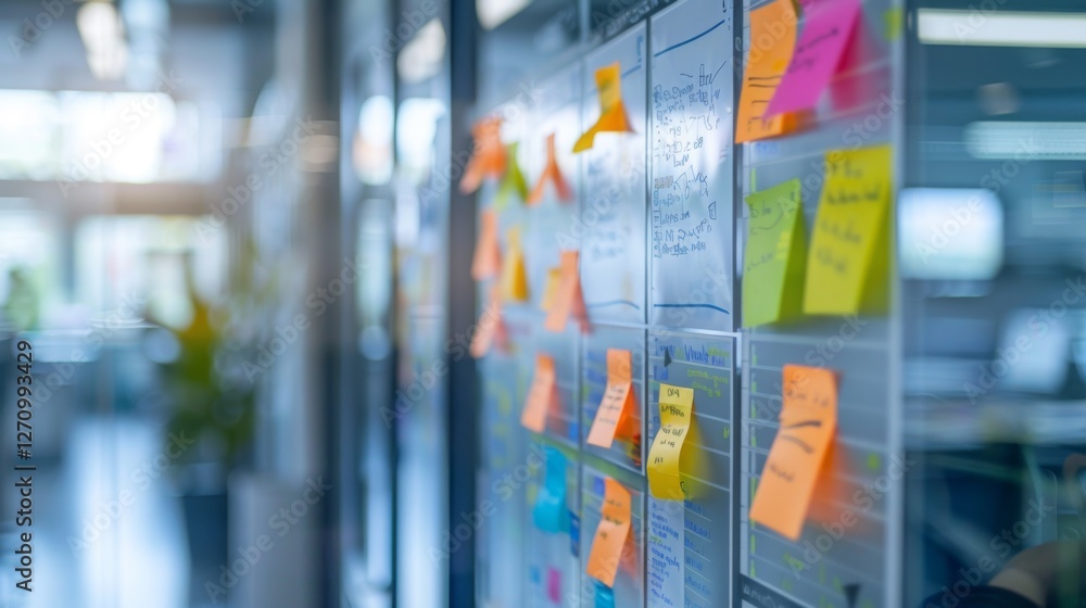Poster brightly colored sticky notes cover a glass board in a contemporary office. team members actively wr