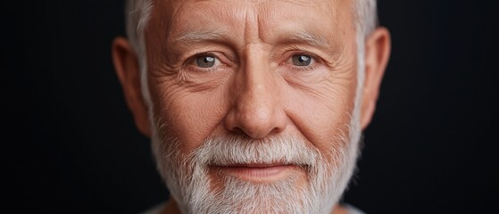 Close-up portrait of an elderly man's face. he has a white beard and mustache, and his eyes are looking directly at the camera. his expression is serious and he appears to be deep in thought.