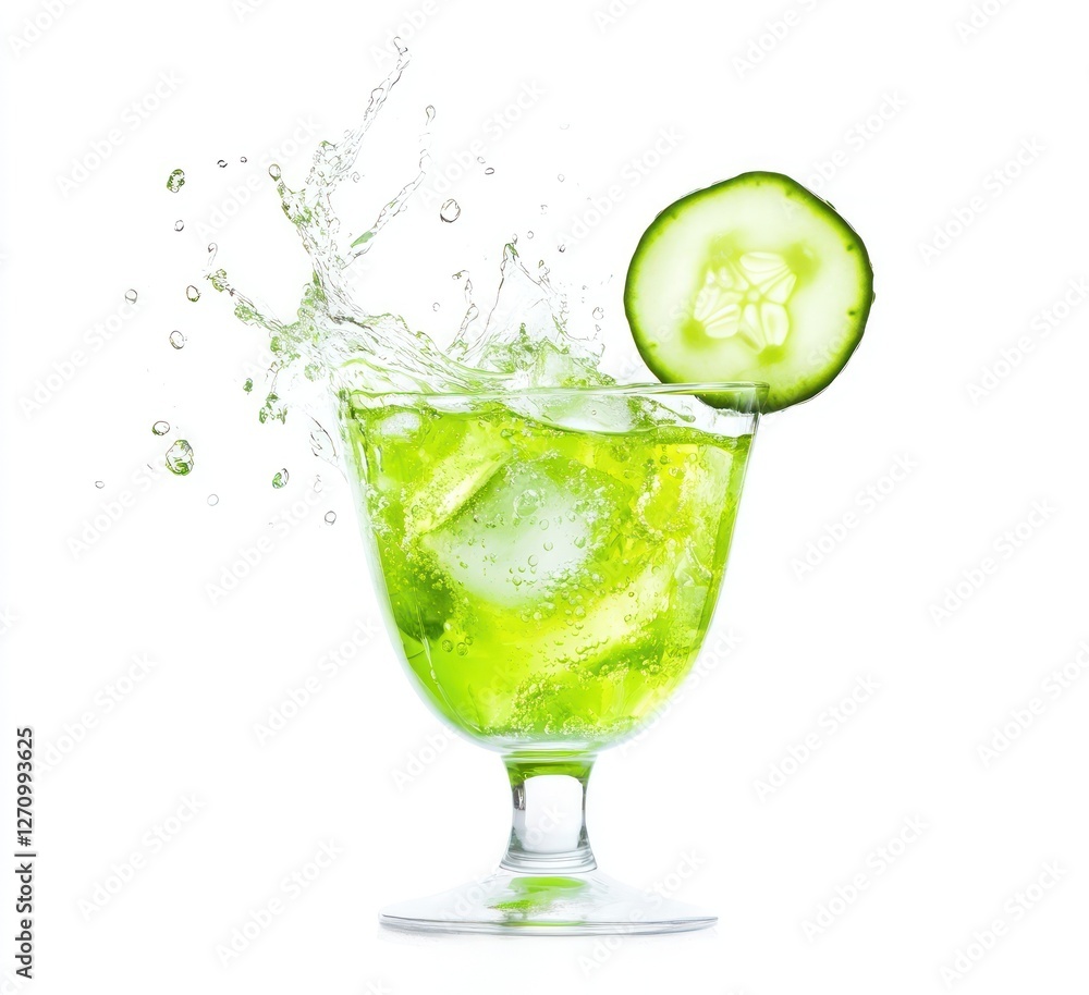 Poster refreshing cucumber drink with ice in a glass, splashing water.