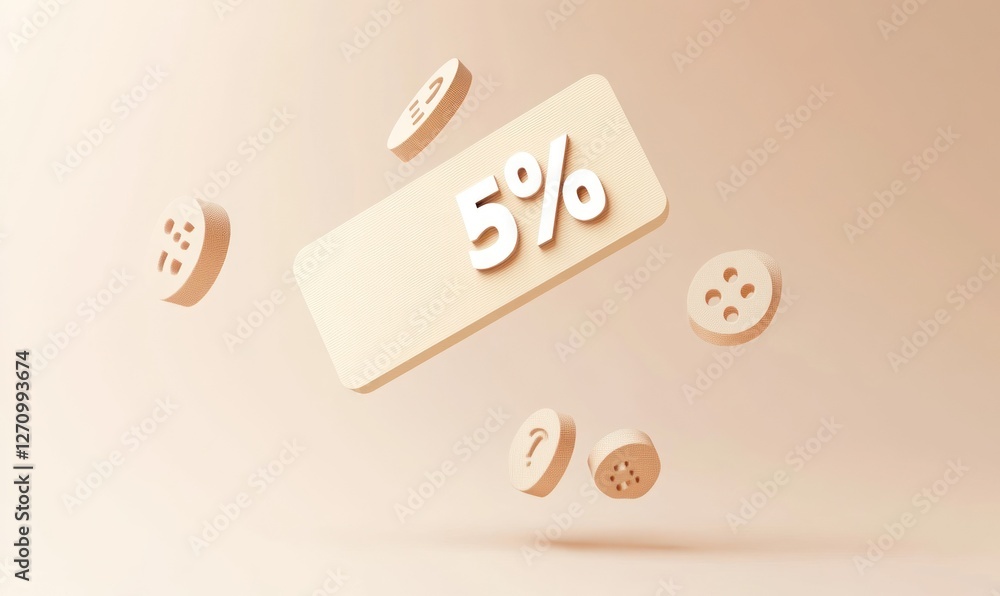 Poster 3d render of a 5% discount sign with floating buttons.